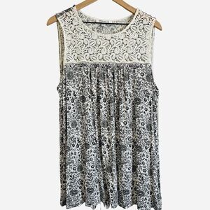 Rose + Olive Black and White Floral Lace Stretch Sleeveless Tank Top - 1x